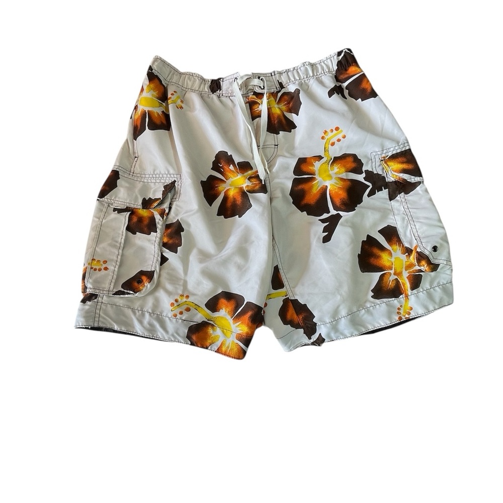 ARIZONA TROPICAL PRINT SWIM TRUNKS MEN XL WHITE DRAWSTRING CLOSURE COASTAL POOL